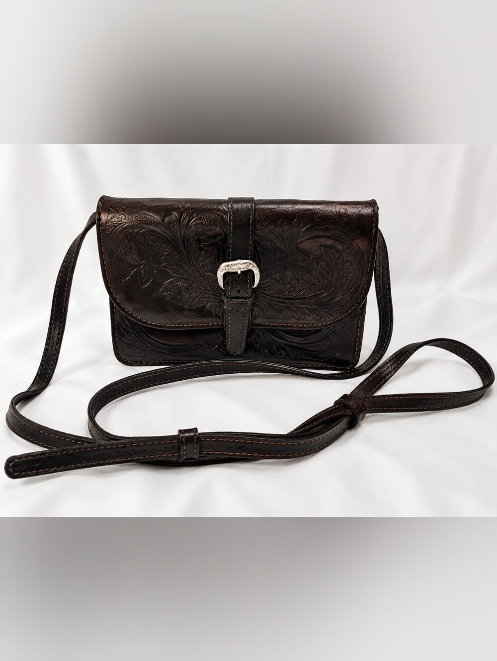 Patricia Nash Black Tooled Leather Organizer Crossbody Bag